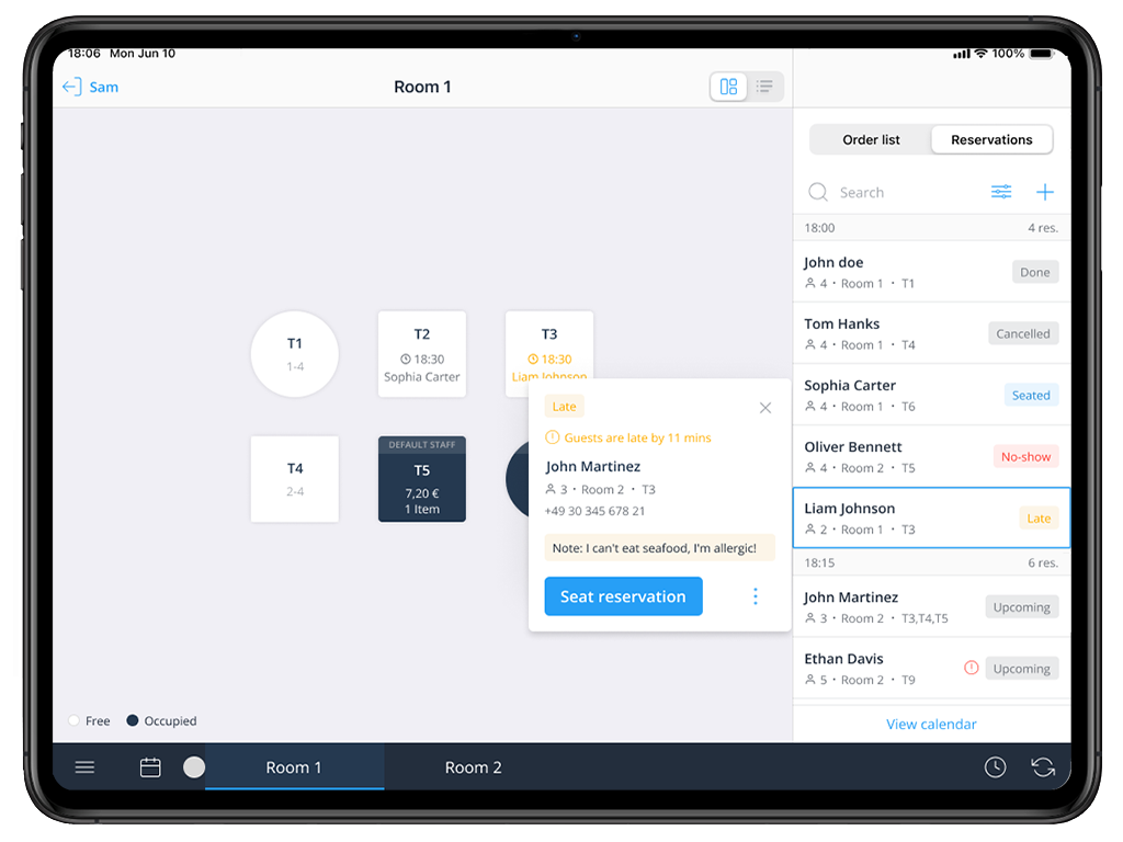Tillhub Kassensystem - Individueller Raumplan mit Live-Überblick über freie, belegte und reservierte Plätze