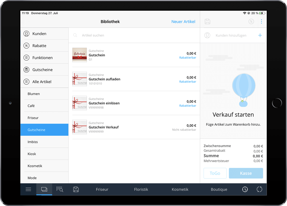 Tillhub Kassensystem Screenshot - Gutscheinsystem