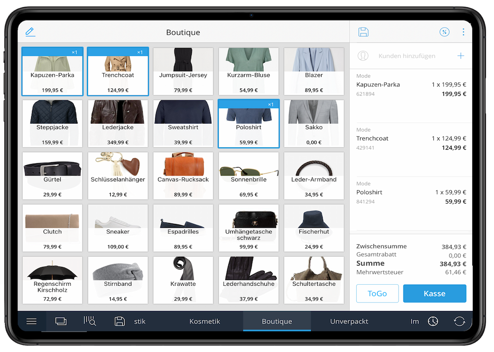 Tillhub Kassensystem Screenshot - Waren- und Warenkorbansicht