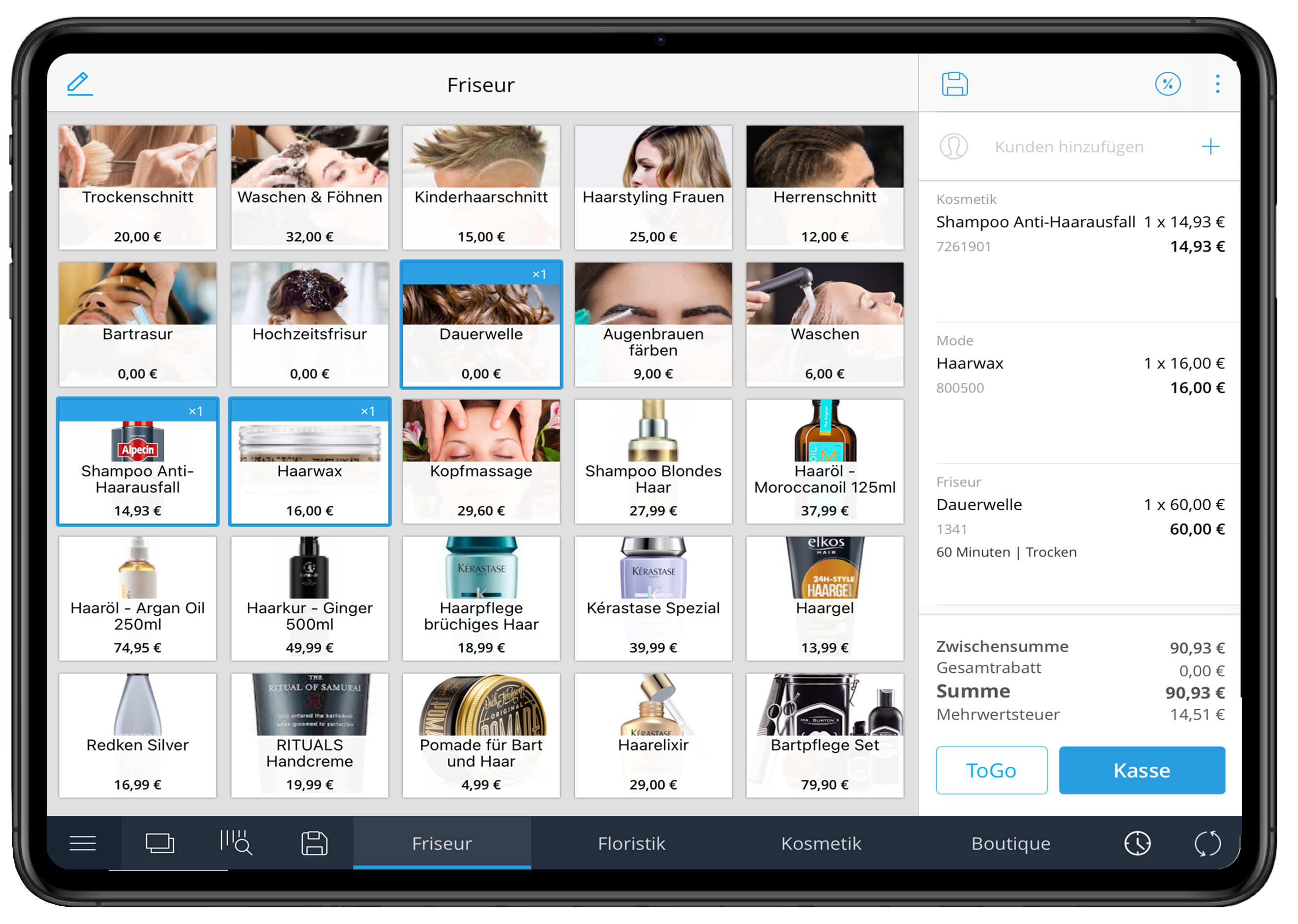 Tillhub Kassensystem Screenshot - Waren- und Warenkorbansicht